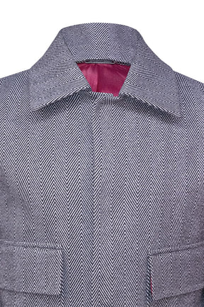 Gray casual wool jacket featuring a magnetic snap closure