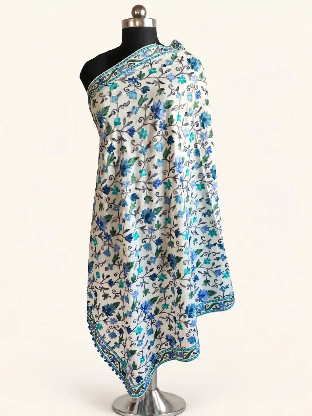 White Aari-Embroidered Floral Shawl: Kashmiri Elegance in Fine Merino Wool
