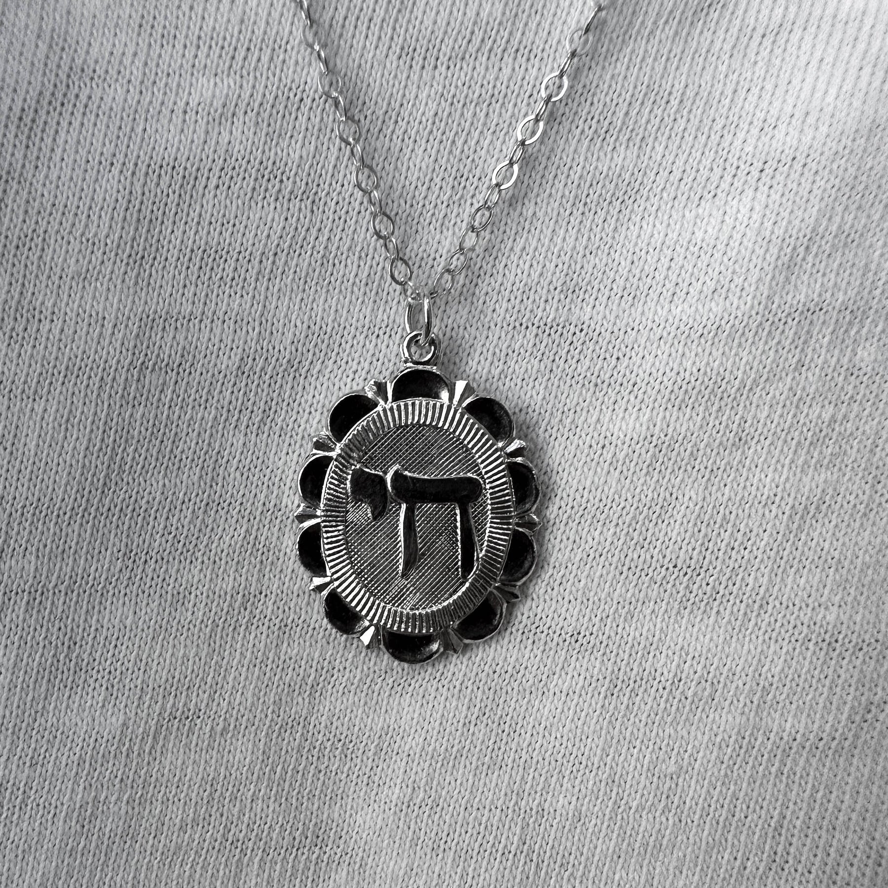 Chai Charm Necklace Sterling Silver Flower Frame