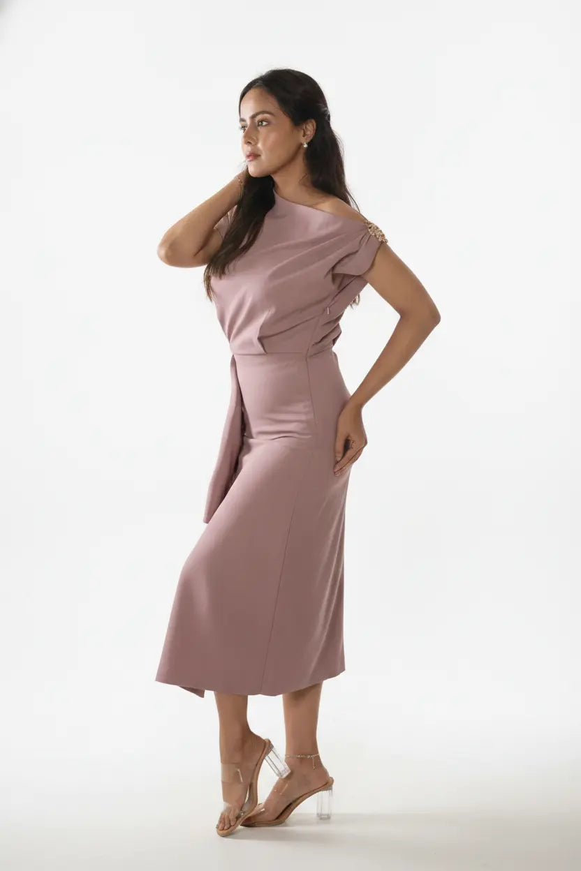 Blush Pink One-shoulder Draped Midi Dress