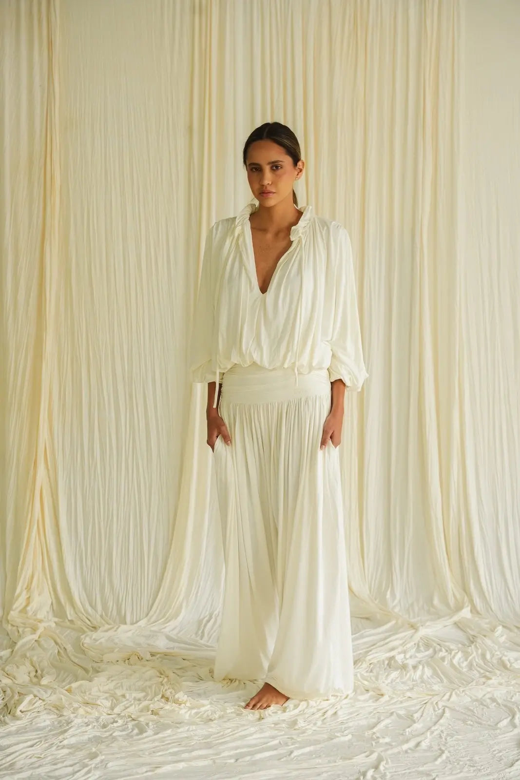 **Return Pant Ivory – Draped Wide-Leg Palazzo**