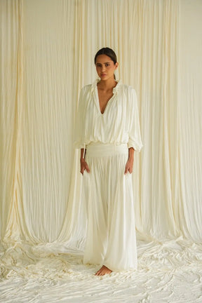 **Return Pant Ivory – Draped Wide-Leg Palazzo**