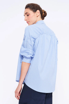 Star Gathered Shoulder Blouse | Striped Light Blue