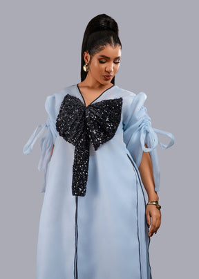 Blue kimono with black bow sequin and wide leg pant set.