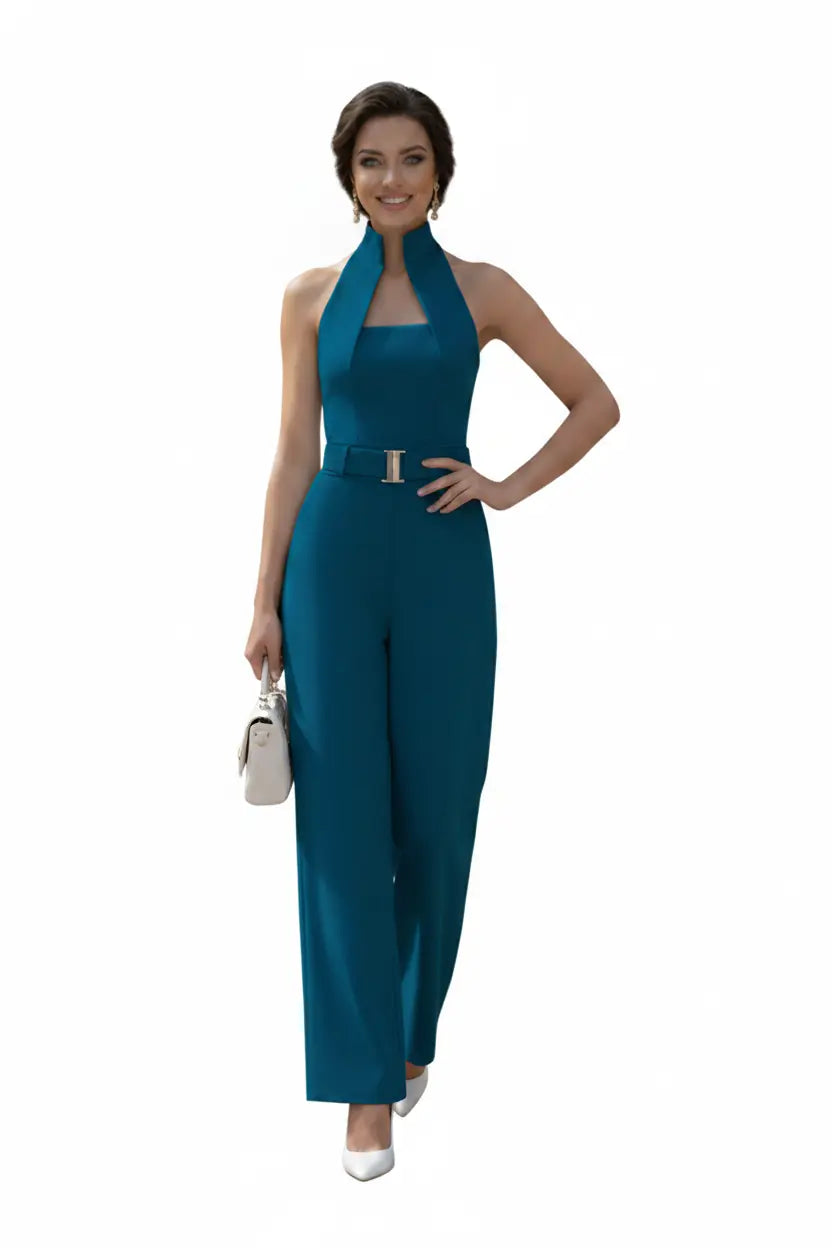 Ink Blue High-collar Jumpsuit – Gold Buckle