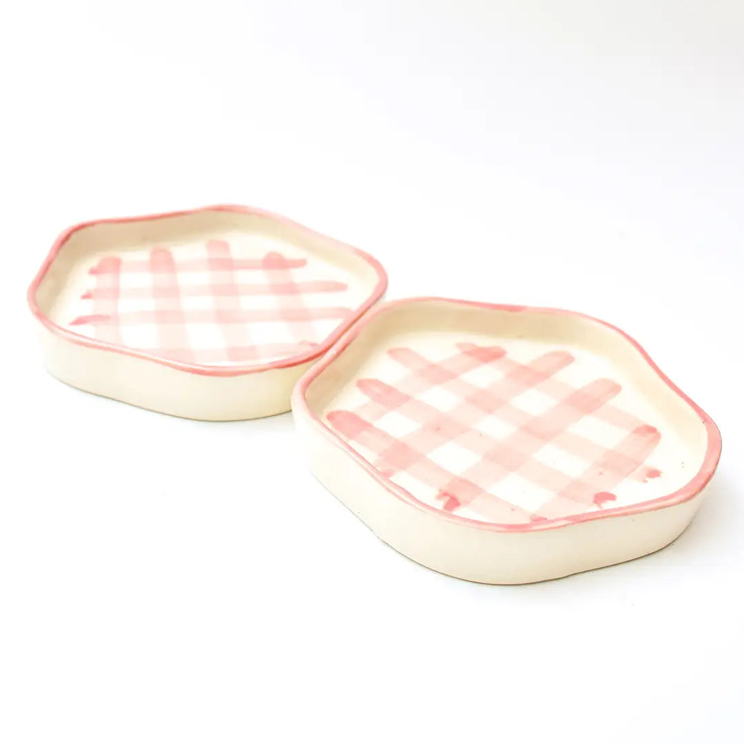 Ceramic Gingham Coasters - Pink Checkered , 4.7 Inches