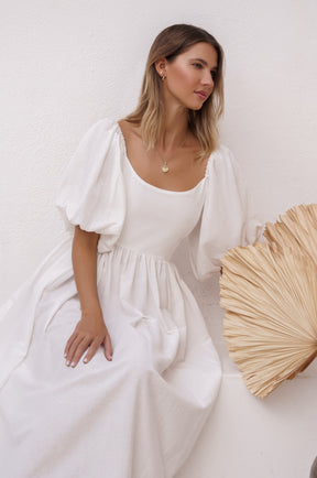 Cherie Puff Sleeve Midi Dress - Off White