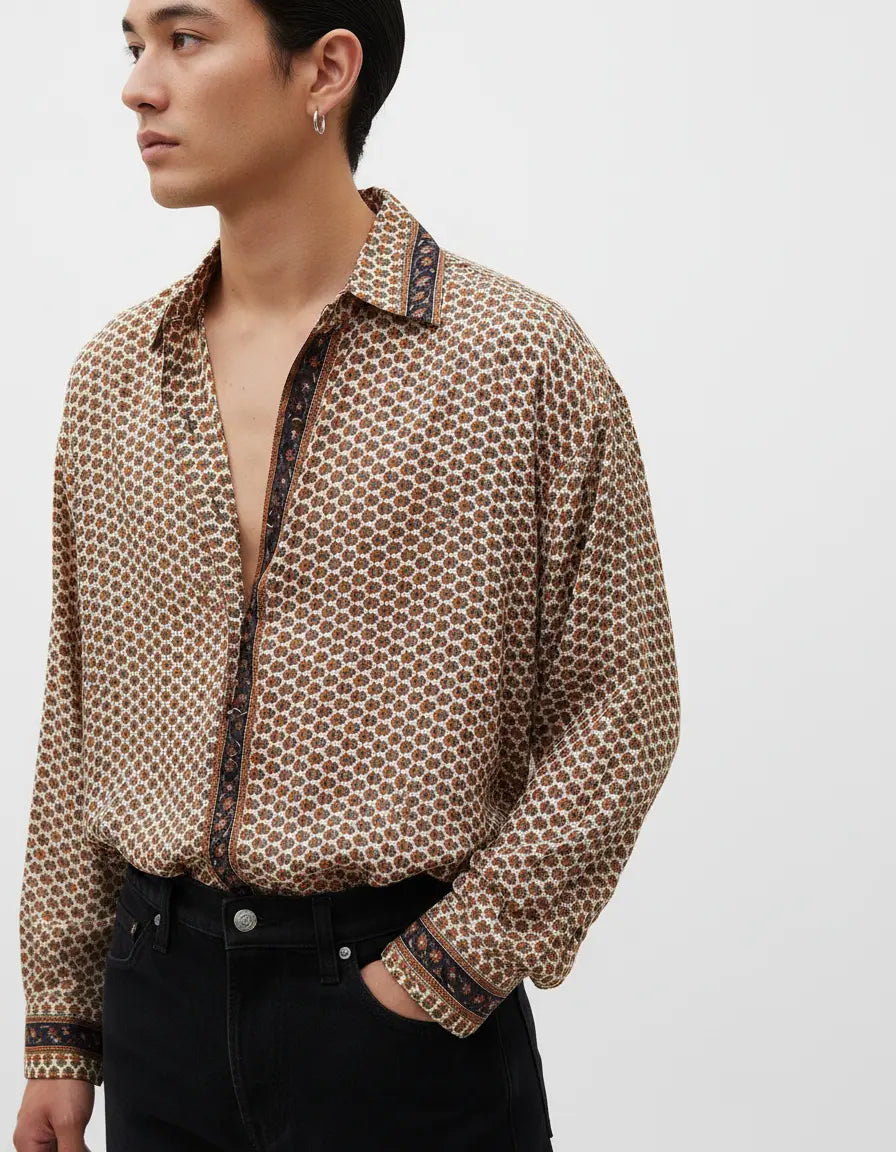 Embossed Botanical Long Sleeve Crepe Shirt