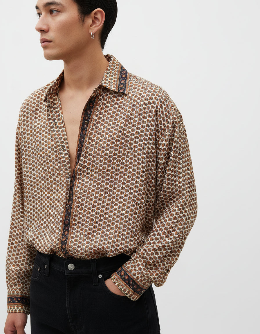 Embossed Botanical Long Sleeve Crepe Shirt