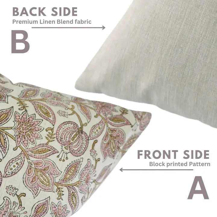 Natural Block Print Linen Blend Pillow Cover - Custard Apple