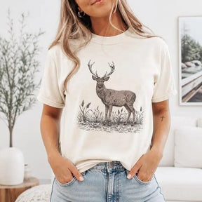 Vintage Deer Buck Wildlife Graphic T-Shirt | Natural Ivory Rustic Forest Cotton Tee