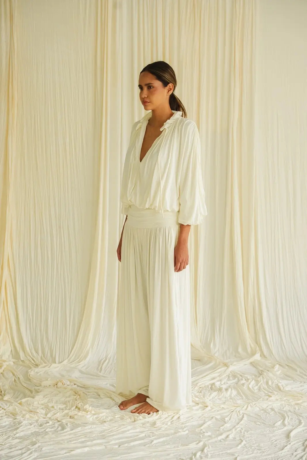 **Return Pant Ivory – Draped Wide-Leg Palazzo**