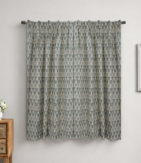 Artisan Gray Floral Block Print Linen Curtains Semi Sheer Pleated Drapes | Surajmuki