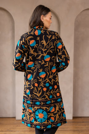 Malika Coats - Black with Teal Embroidery