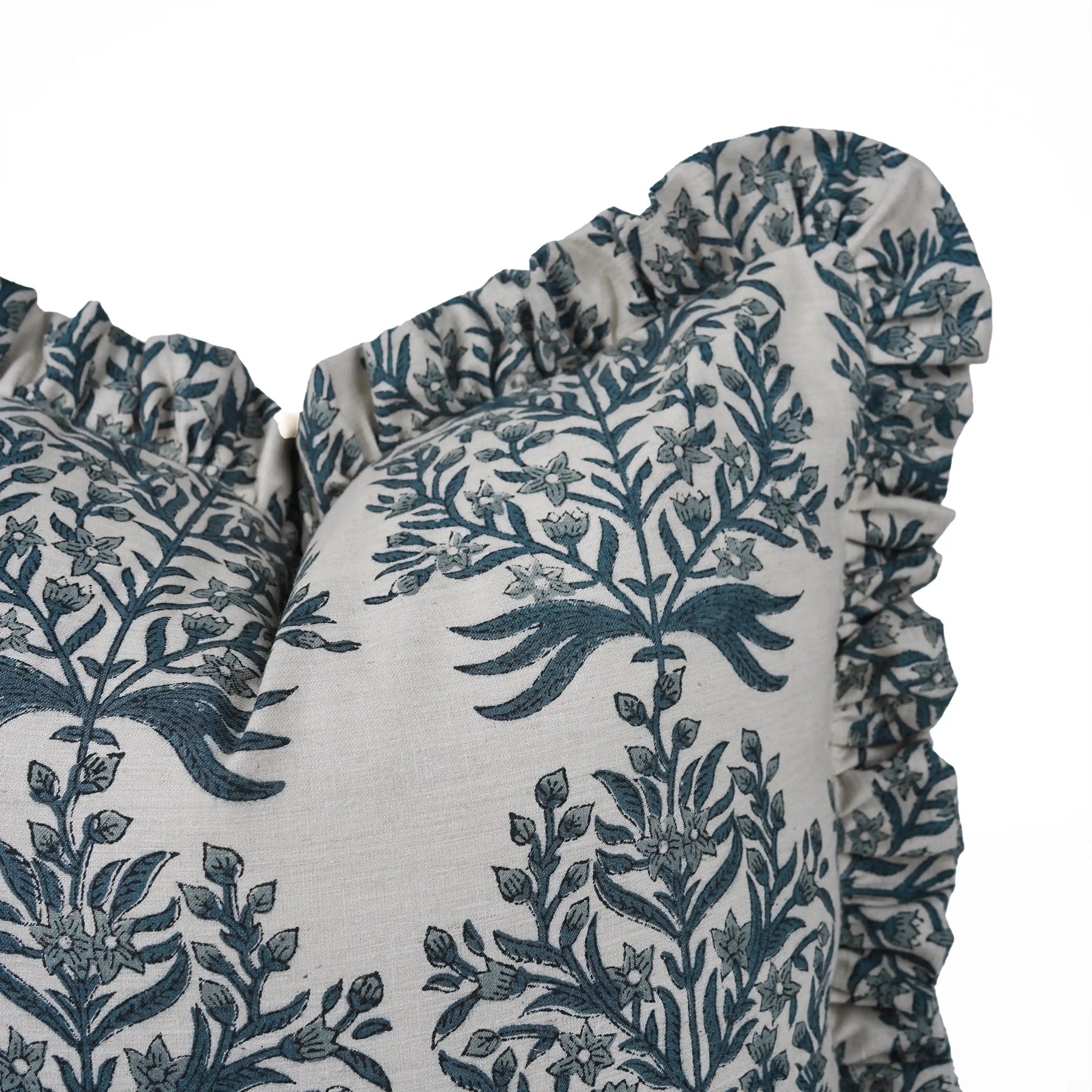 Hand Block Print Linen Blend Frill Cushion Cover - Vrindavan