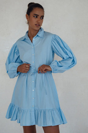 Malina Button Down Cotton Mini Dress - Light Blue