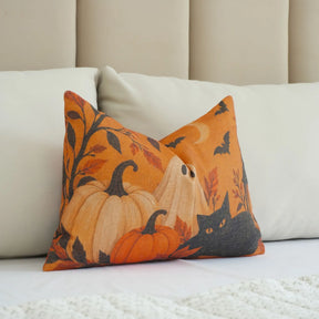 Spooky Season Linen Lumbar Pillow Cover - Ghost Black Cat