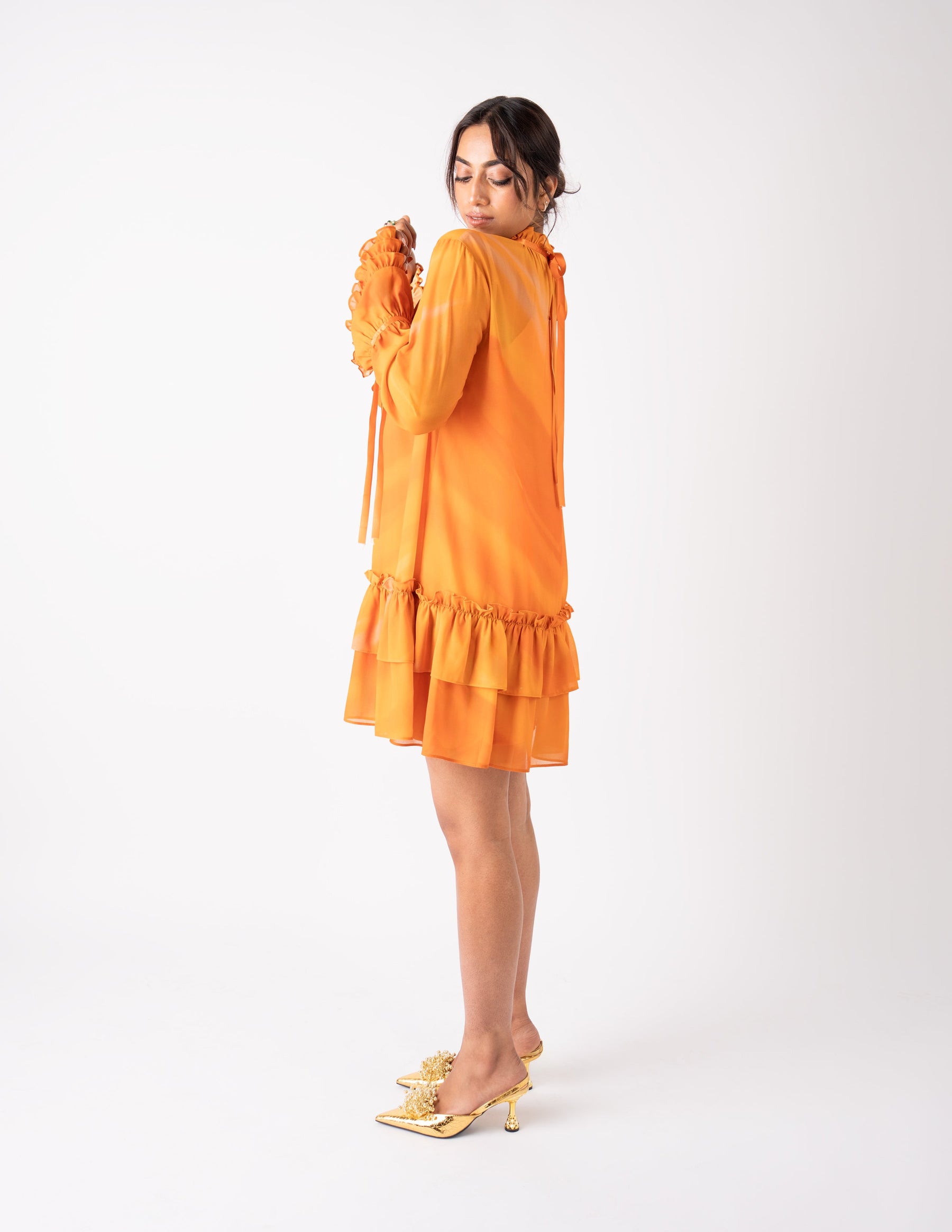 Ruffle Neck & Tiered Hem Mini Dress – Sunset Ember