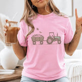 Vintage Farm Tractor & Hay Wagon Graphic T-Shirt | Light Pink Country Autumn Cotton Tee