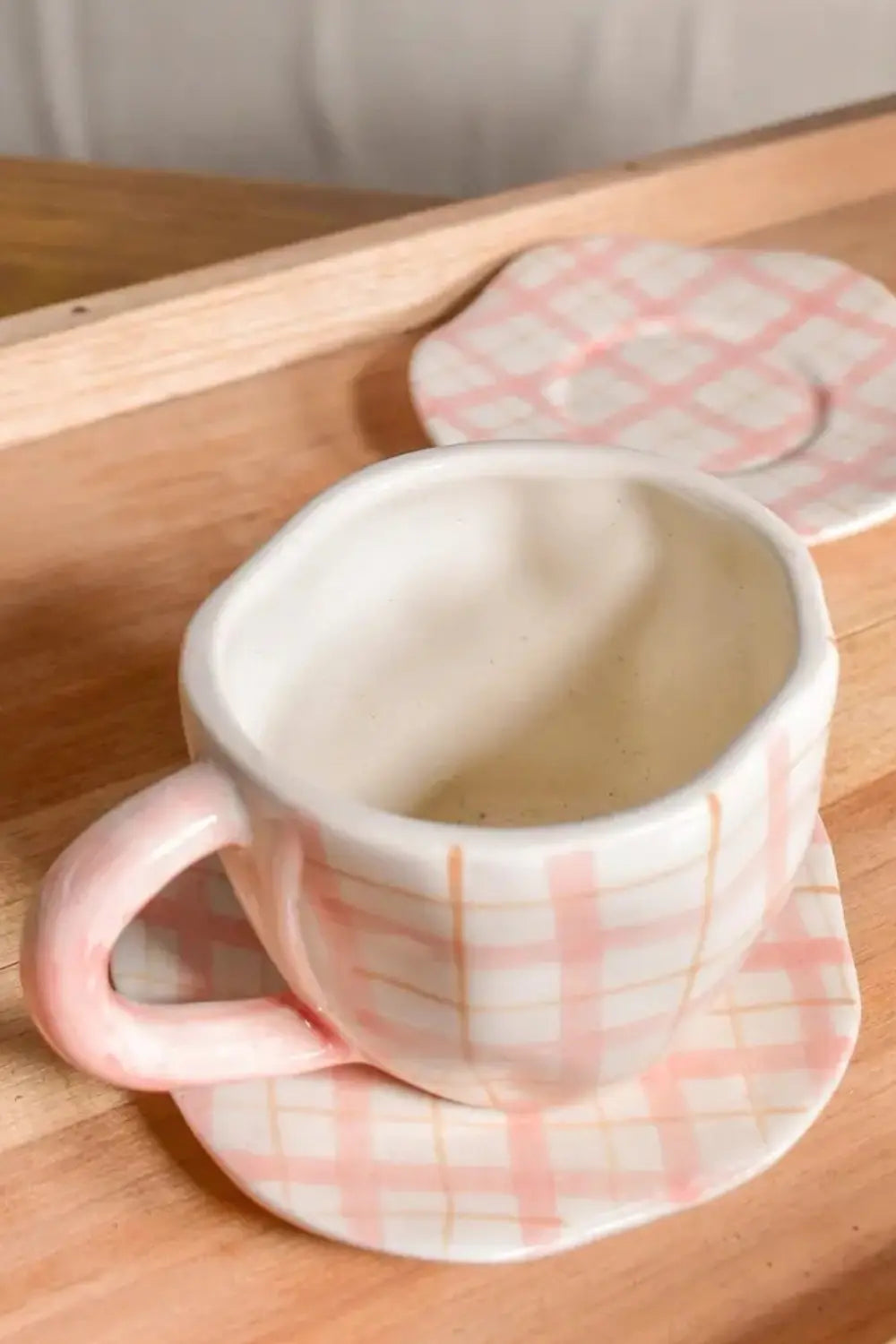 Ceramic Handmade Cute Mug & Coaster Set - Plaid, 2.5 Inches