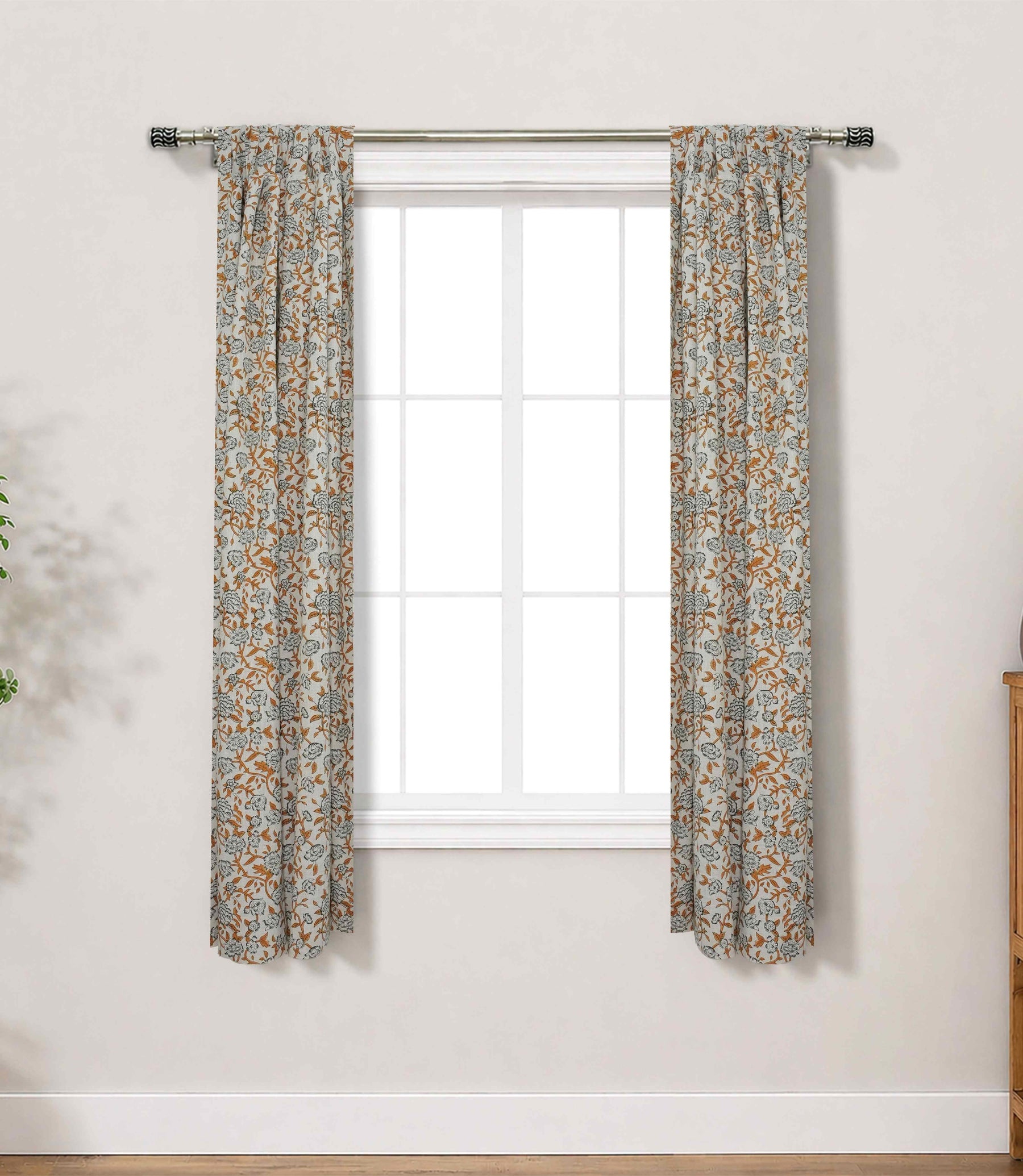 Artisan Block Print Curtains Yellow Floral Linen Semi Sheer | Mrignayani