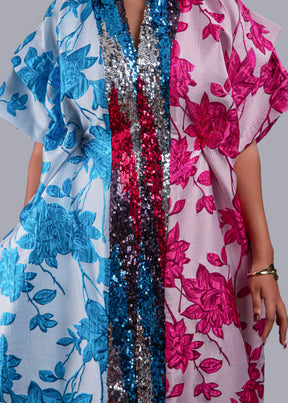 Zenzele Pink and Blue Floral Brocade Kimono Boubou.