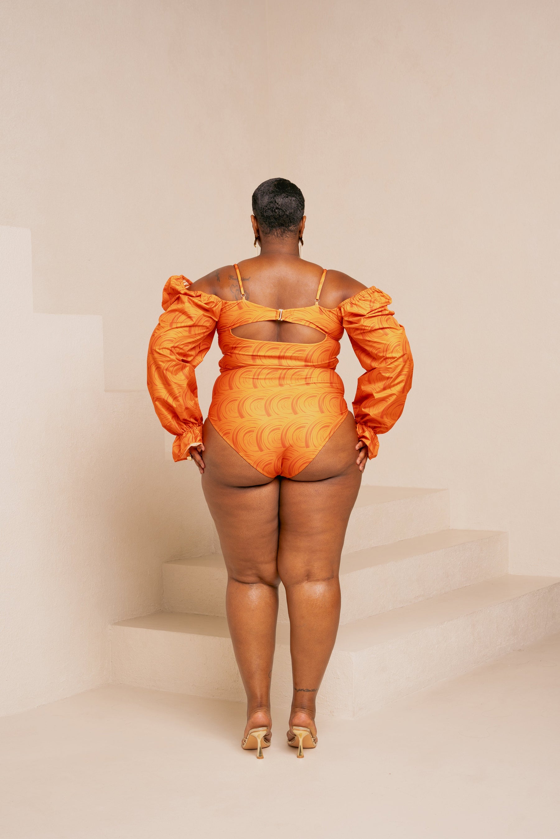 IZA ORANGE OFF SHOULDER PUFFY SLEEVE SWIMSUIT