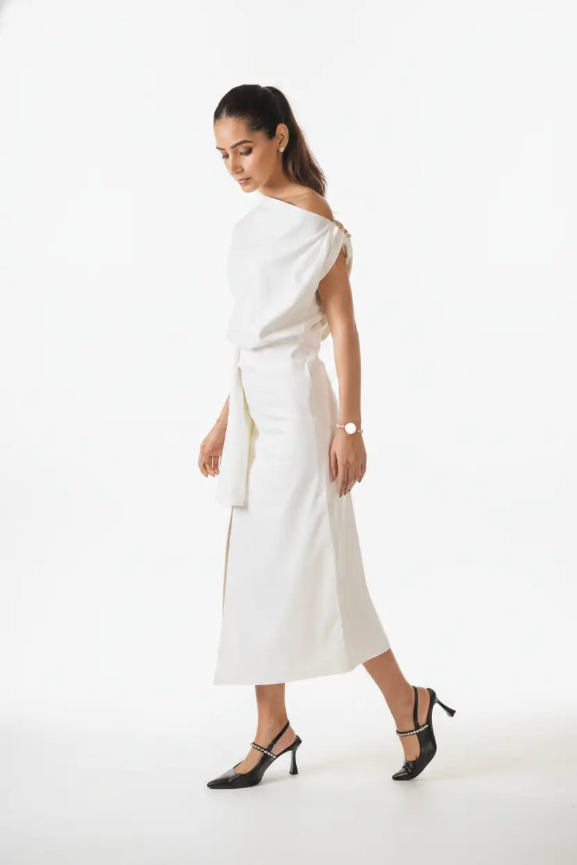 Ivory One-shoulder Draped Midi Dress