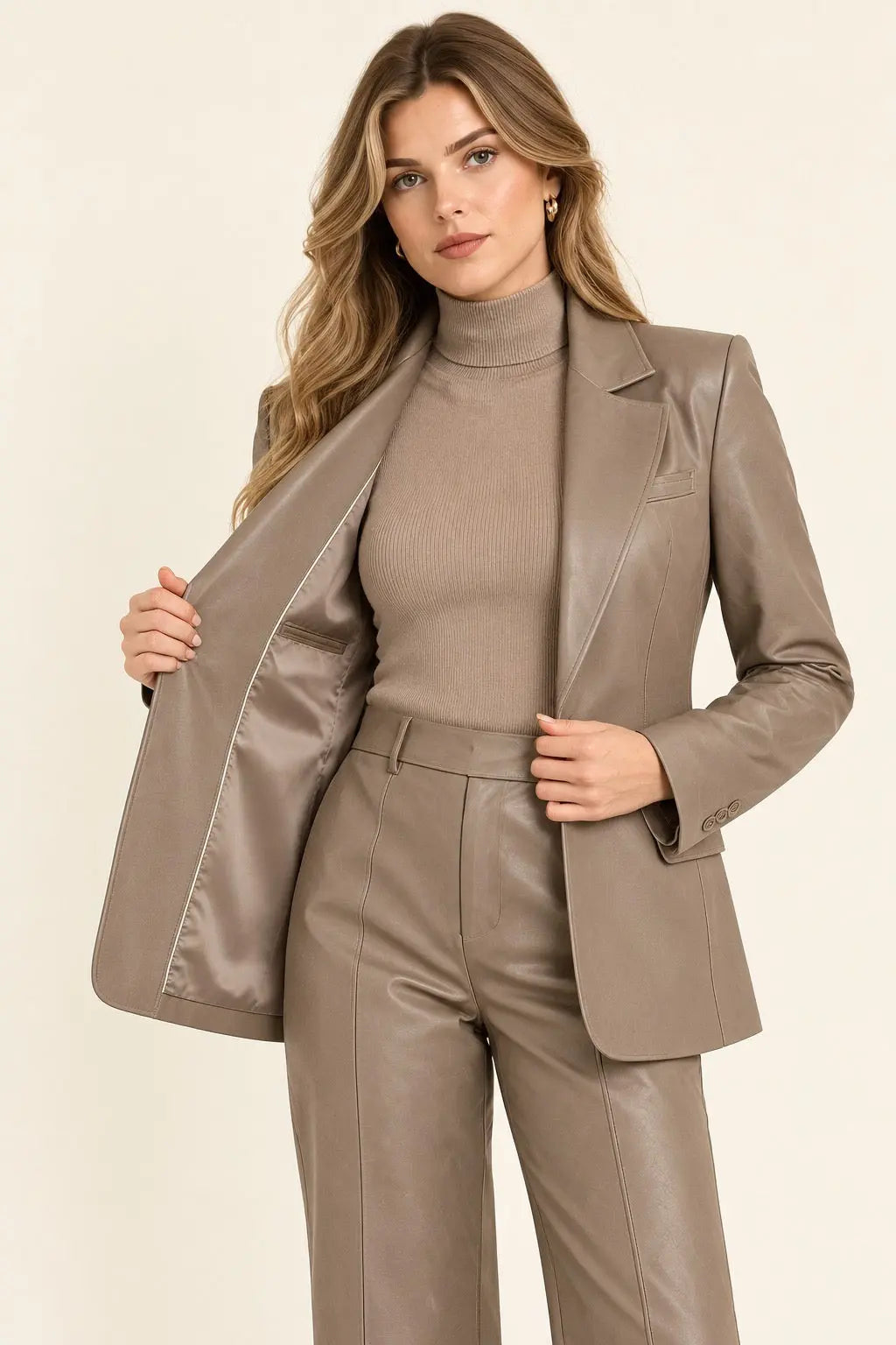Taupe Leather Blazer & Wide-Leg Pants Set