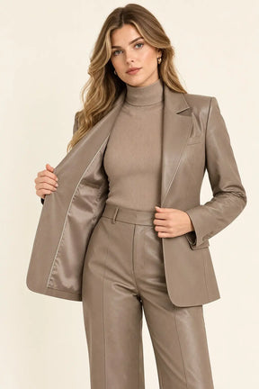 Taupe Leather Blazer & Wide-Leg Pants Set