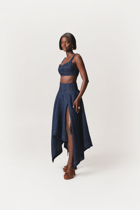 Denim Pinstripe ABI Corset Handkerchief Skirt