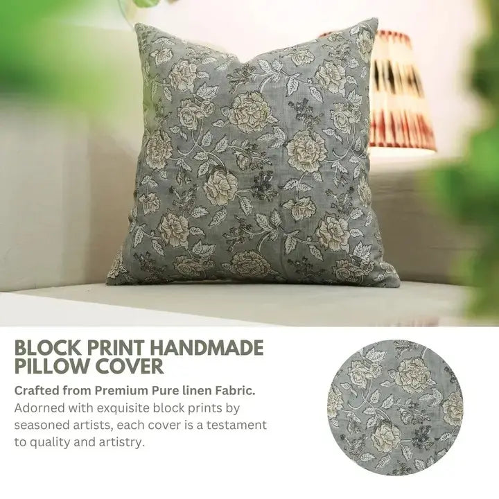 Stylish Handmade Block Print Pure Linen Pillow Cover- Rameshwaram