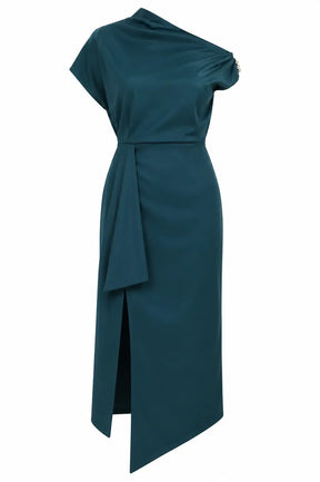 Teal One-shoulder Draped Midi Dress