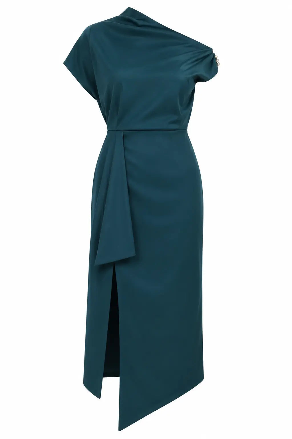 Teal One-shoulder Draped Midi Dress