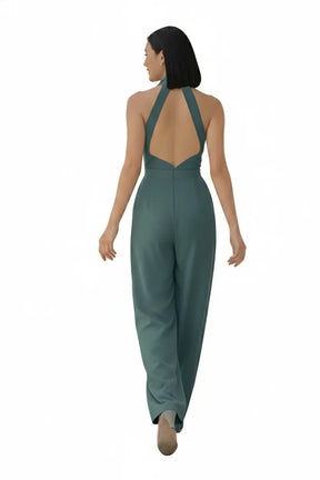 Sea-green High-collar Slit-leg Jumpsuit