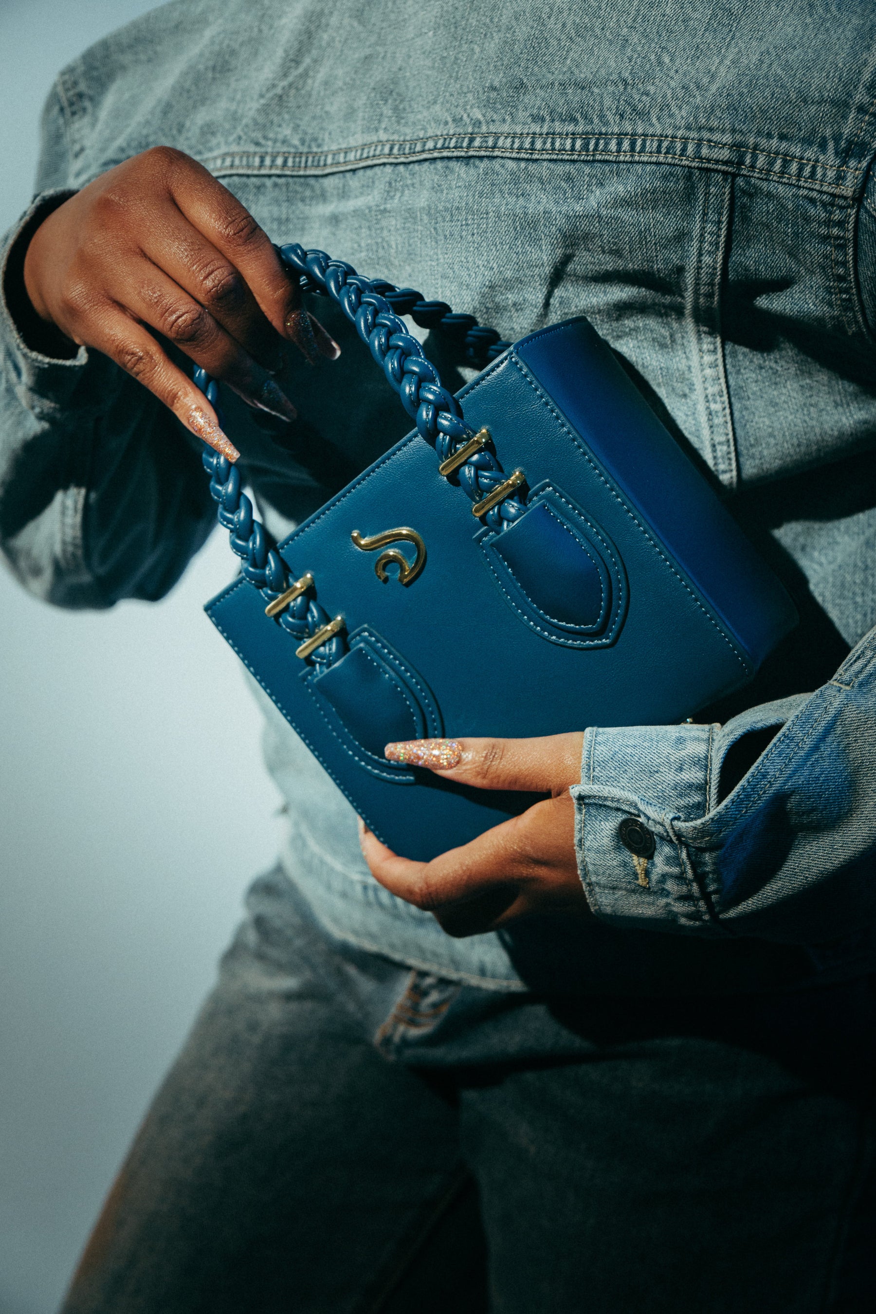'Funmi' Blue Boxy Tote With Gold Hardware