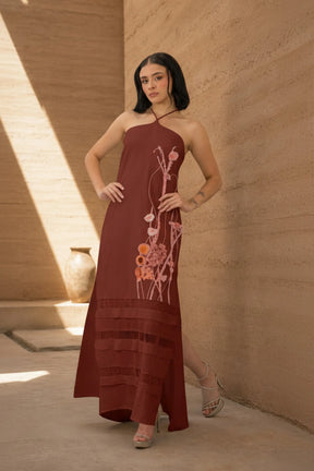 Ancestral Dawn by PASALUMAC – Halter Linen Maxi Dress with Hand-Embroidered and Painted Details