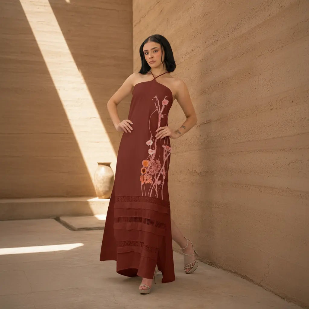 Ancestral Dawn by PASALUMAC – Halter Linen Maxi Dress with Hand-Embroidered and Painted Details