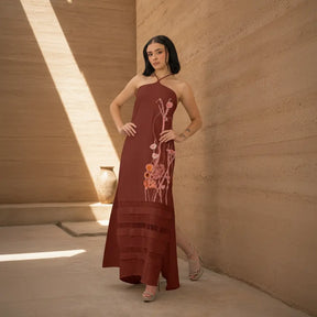 Ancestral Dawn by PASALUMAC – Halter Linen Maxi Dress with Hand-Embroidered and Painted Details