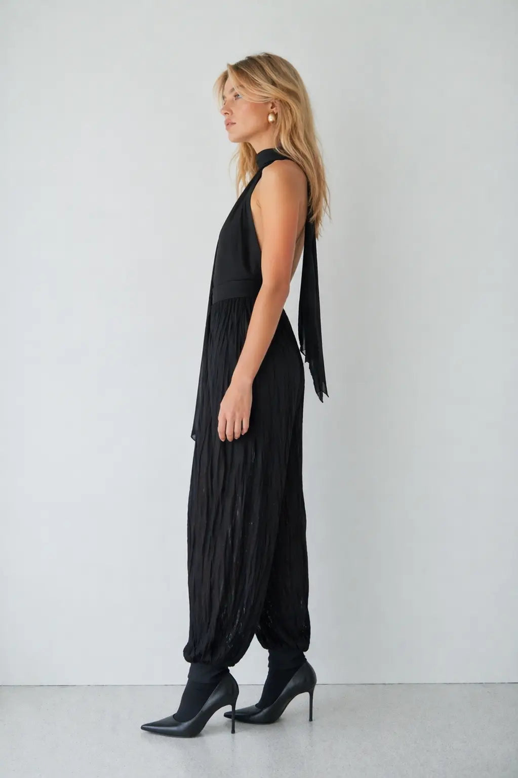 Deep V Halter Bodysuit with Scarf Neck Detail