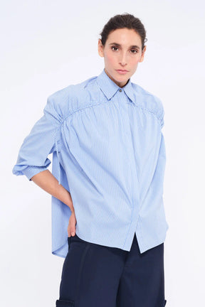Star Gathered Shoulder Blouse | Striped Light Blue
