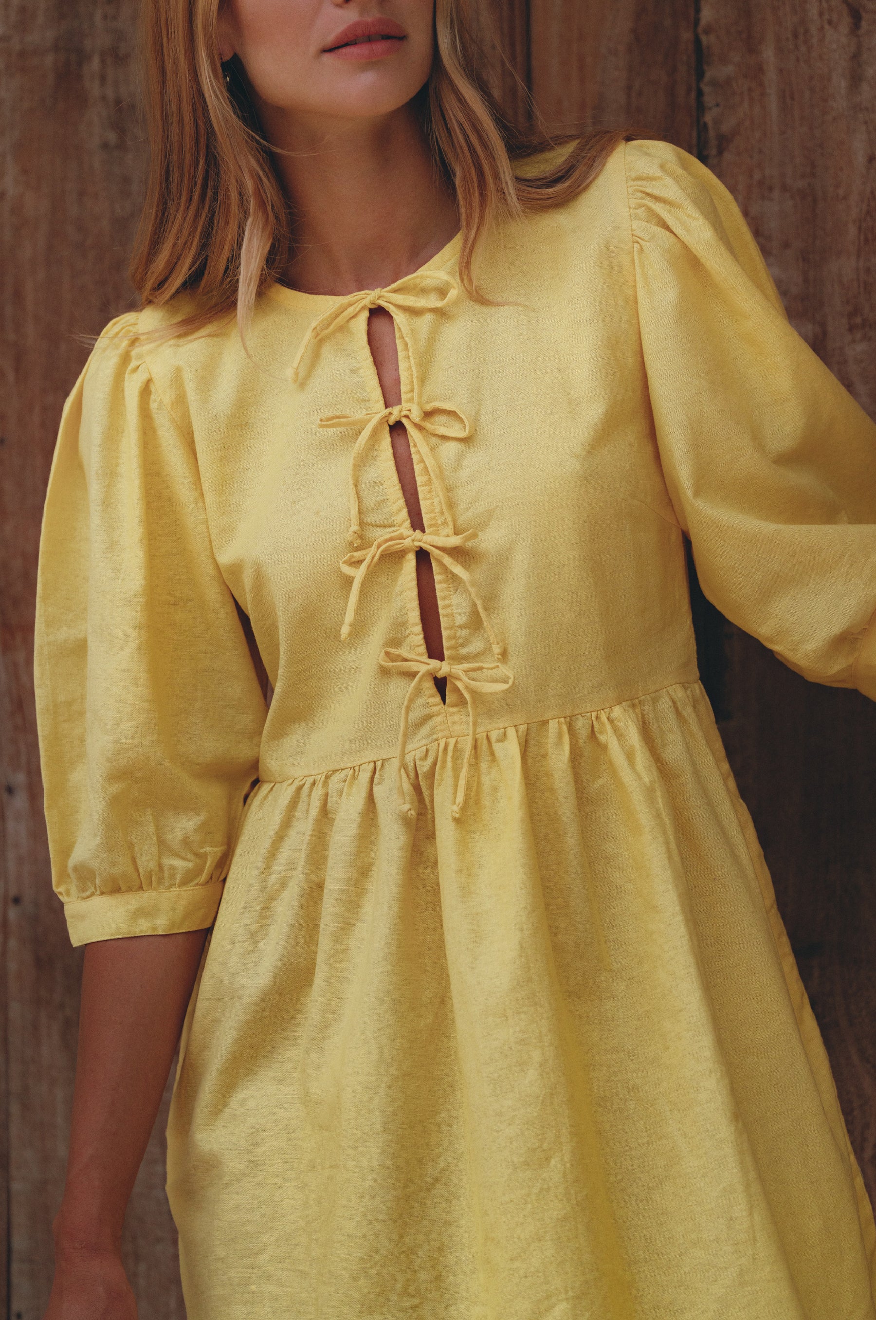 Beatrice Puff Sleeve Linen Mini Dress - Pineapple