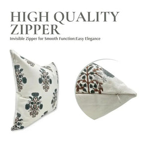 Floral Hand Made Block DesignThick Cotton White Pillow Cover  - Swadesh