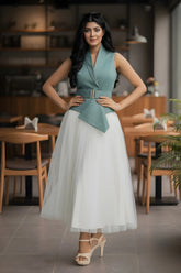Ivory Skirt & Sea Green Waist Coat – Serene Sophistication