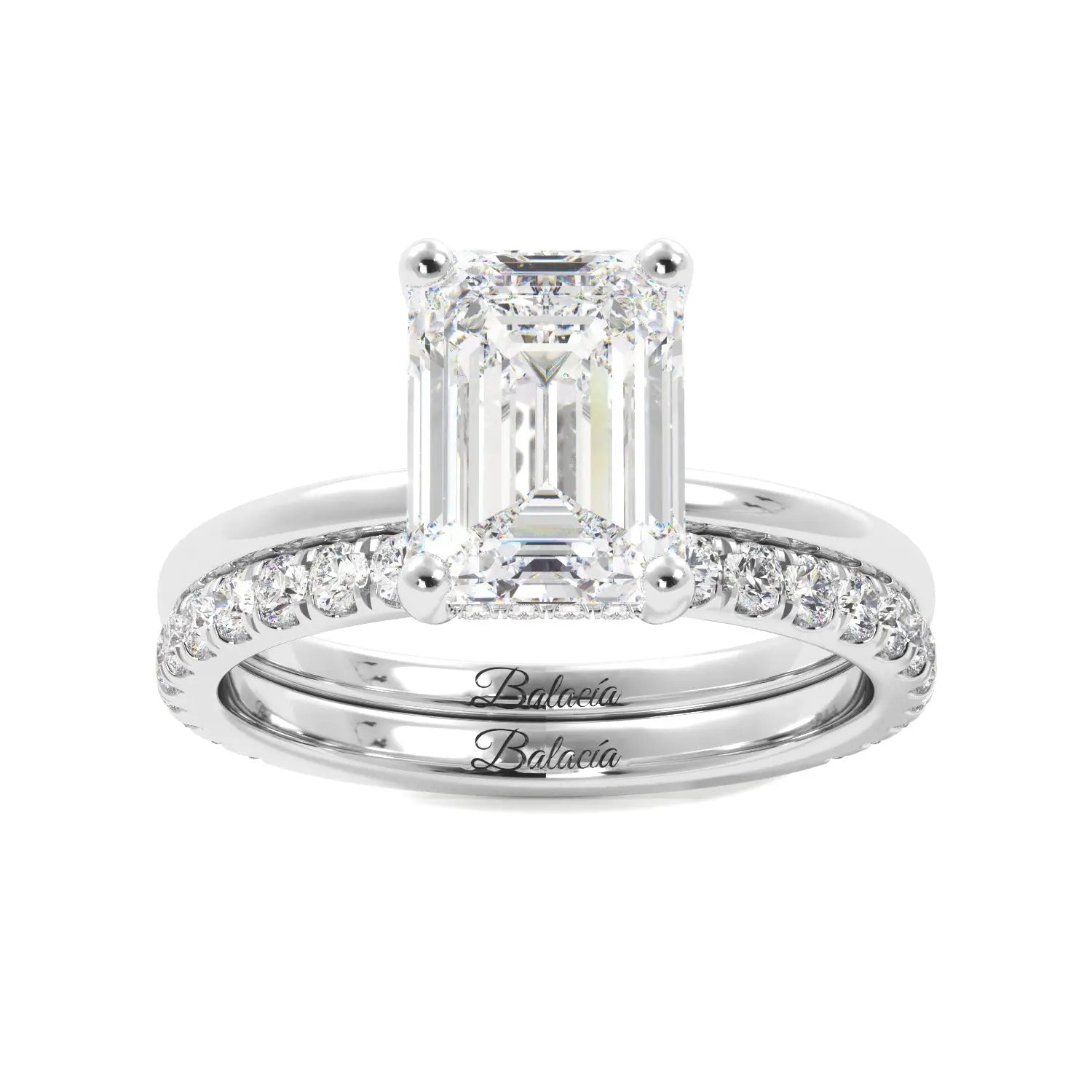 Emerald Cut Solitaire with Hidden Halo Engagement Ring Set