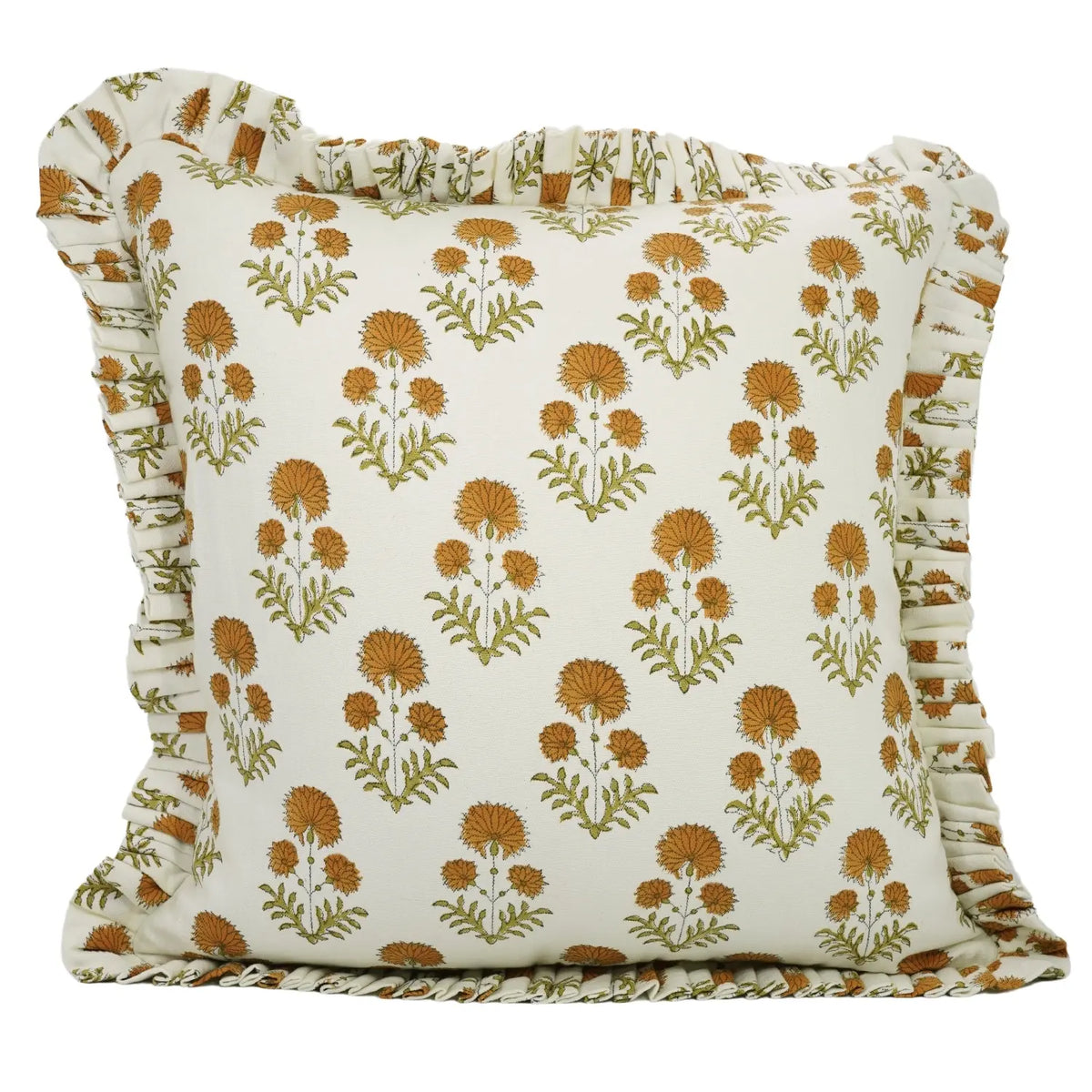 Handmade Floral Design Thick Cotton White Frill Pillow Cover - Rishi