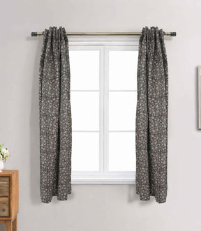 Handcrafted Brown Floral Vintage Pure Linen Curtain Block Print Panel - Pishta