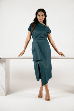 Teal One-shoulder Draped Midi Dress