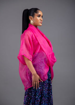 3- piece Casablanca pink Twist Top With Maxi flare Sequin Skirt Set (pink) and inner