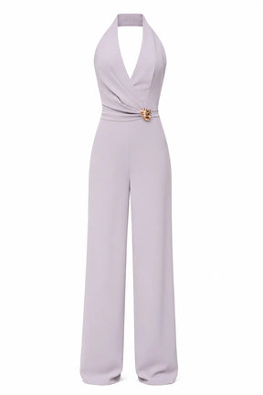 Salmon Pink Halter Jumpsuit – Gold Brooch